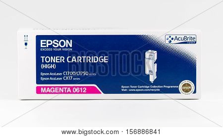 WREXHAM UK - OCTOBER 27 2016: Close up of a Magenta high capacity Epson Acubrite toner cartridge for the AcuLaser C1700/1750 series and CX17 series printers on a white background.