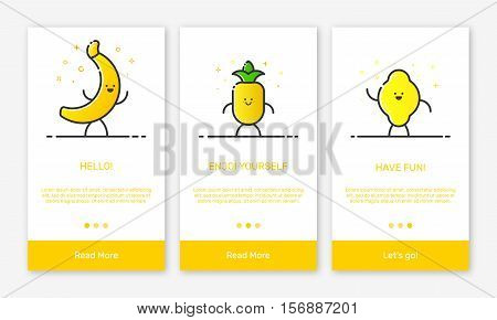 Vector Illustration of onboarding app screens and outline web fruit icons for mobile apps . Modern yellow interface UX, UI GUI screen template for mobile smart phone or responsive web site.
