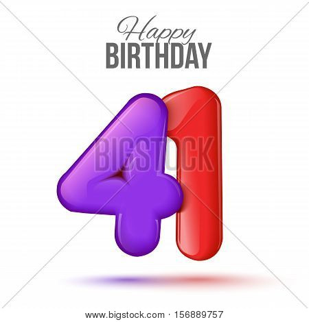 forty one birthday greeting card template with 3d shiny number forty one balloon on white background. Birthday party greeting, invitation card, banner with number 41 shaped balloon