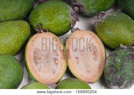 Tropical fruit feijoa Acca sellowiana isolated on a white background