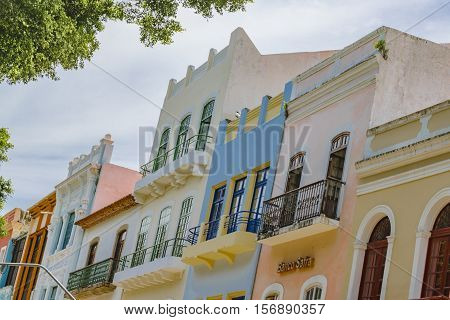RECIFE, BRAZIL, JANUARY - 2016 - Low angle view of old style buildings located at Marco Zero zone in Recife Brazil