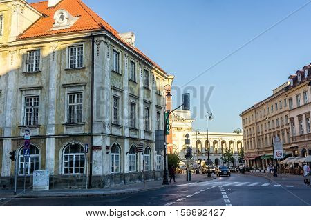 WARSAW POLAND - SEPTEMBER 14: The historic center of Warsaw near the Castle Square and St. Anne's Church in Warsaw Poland on September 14 2016