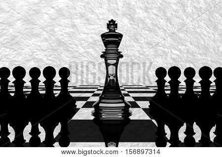 3D Rendering : Illustration Of Chess Pieces.the Glass King Chess At The Center With Pawn Chess In Th