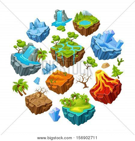 Set of gaming islands and landscape elements  in circle shape with plants and stones isolated vector illustration