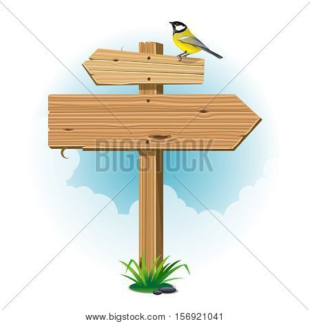Wooden signs with leaf and bird on white background. Vector illustration.