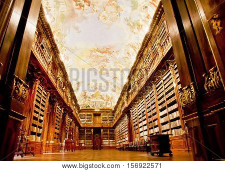 PRAGUE, CHECHIA - MAY 17, 2014: Huge Philosophical Hall of ancient library in the beautiful building of Strahov monastery on May 17, 2014 in Czech Republic. Philosophical Hall was built in 1784 by Jan Ignaz Palliardi
