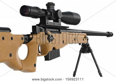 Rifle sniper modern weapon with bipod and scope, close view. 3D rendering