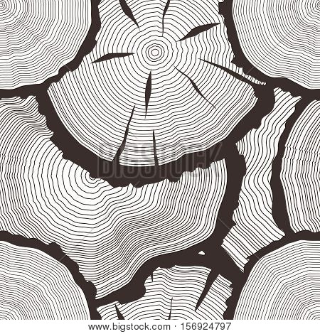 Vector tree rings set, concept of saw cut pine, forest fir-tree trunk, hand drawn slice, freehand sawmill background, wooden texture illustration, seamless pattern