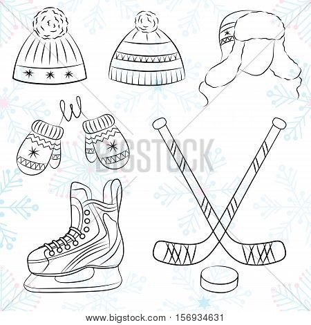 Vector illustration of different things that we can use in winter such as hat mittens hockey stick hockey skates