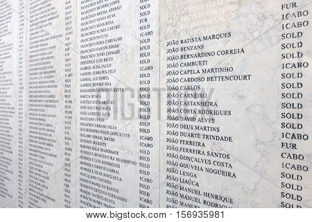 Lisbon, Portugal. October 31, 2016: Names of the Portuguese military fallen in the African Colonial War (1961-1974). Monumento aos Combatentes do Ultramar. 