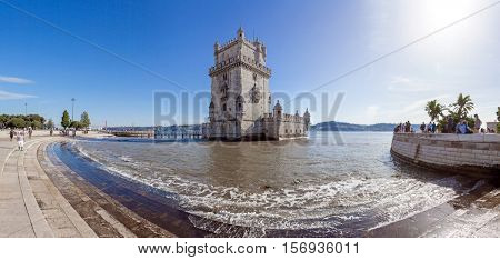 Lisbon, Portugal. October 31, 2016: The famous Belem Tower in Lisbon, Portugal. Classified as UNESCO World Heritage it stands as the best example of the Manuelino art.