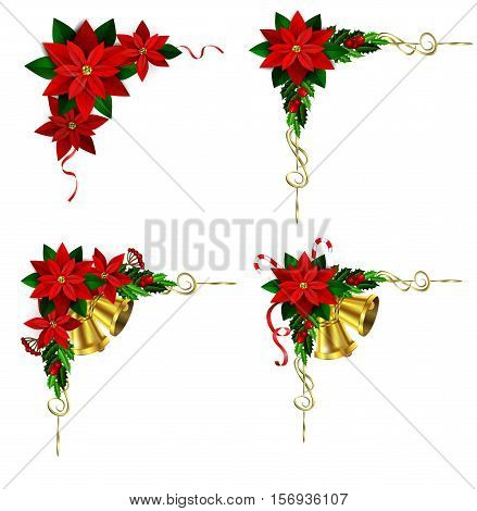 corner Christmas decoration set with evergreen treess holly and pinecone and poinsettia and ribbon isolated