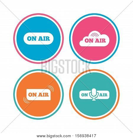 On air icons. Live stream signs. Microphone symbol. Colored circle buttons. Vector