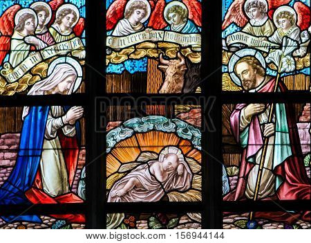 Stained Glass - Nativity Scene At Christmas