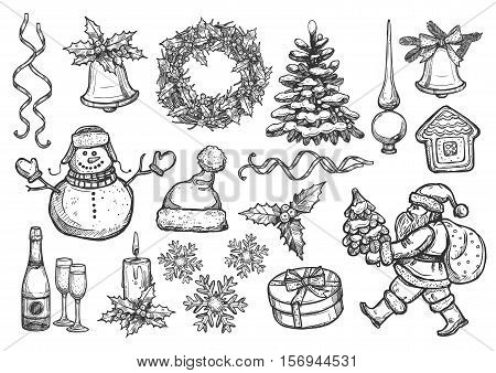 Christmas, New Year isolated sketch icons set. Vector santa with gifts bag, holly wreath, christmas tree ornament, topper spire, gingerbread house, snowflakes, bell with bow, ribbons, snowman, champagne glasses, candle, winter hat, mittens