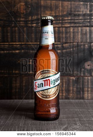 LONDON UK- NOVEMBER 15 2016: Cold bottle of San Miguel beer. The San Miguel brand of beer is the leading brand of the San Miguel Brewery Inc the largest beer producer in the Philippines.