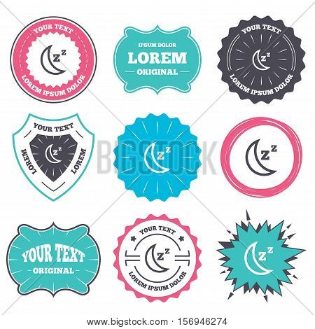 Label and badge templates. Sleep sign icon. Moon with zzz button. Standby. Retro style banners, emblems. Vector