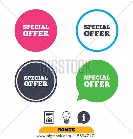 Special offer sign icon. Sale symbol. Report document, information sign and light bulb icons. Vector