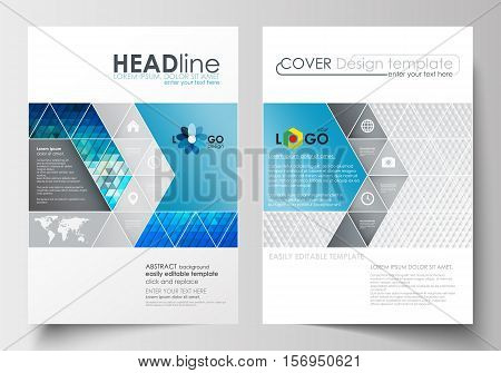 Business templates for brochure, magazine, flyer, booklet or annual report. Cover design template, easy editable blank, abstract flat layout in A4 size. Abstract triangles, blue and gray triangular background, modern polygonal vector.