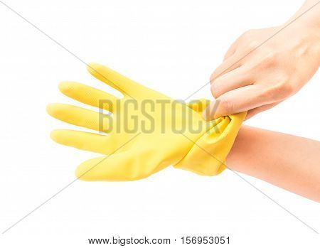 Hands wearing yellow rubber gloves for cleaning on white background workhouse concept