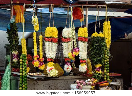 Flower stall selling garlands for temple in Chinatown. Kuala Lumpur. Malaysia