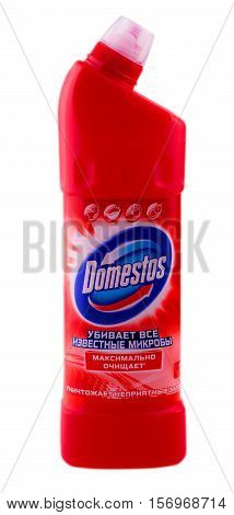 KAMCHATKA RUSSIA- OCTOBER 16 2016. Domestos isolated on white. Domestos is a household cleaning range which contains bleach and is manufactured by Unilever.