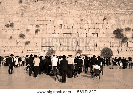JERUSALEM ISRAEL 26 10 16: Jewish hasidic pray a the Western Wall, Wailing Wall the Place of Weeping is an ancient limestone wall in the Old City of Jerusalem. Second Jewish Temple by Herod the Great