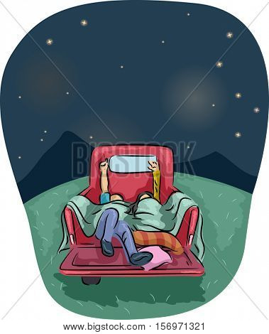 Romantic Illustration of a Couple Stargazing from the Back of a Pick Up Truck
