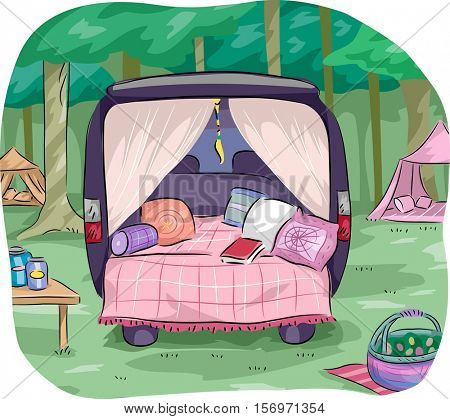 Colorful Illustration of a Glamorous Camping Set Up Mounted on a Van Equipped with Fancy Pillows and Curtains