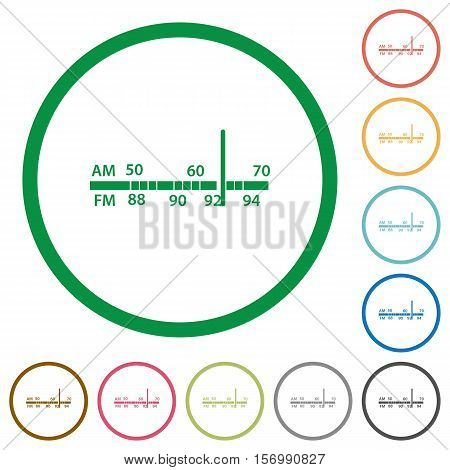 Radio tuner flat color icons in round outlines