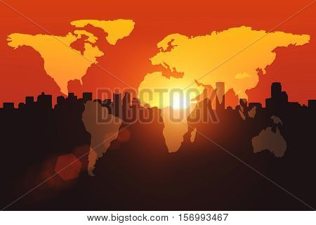 World map on a sunset background. Double expourse