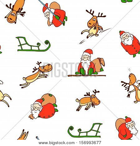 Seamless pattern from cartoon Santa Claus reindeersled. Chistmas endless background