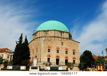 Szechenyi Square in Pecs with mosque-church museum Southern Hungary.