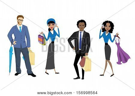 Set fashion shoppers isolated on white background cartoon stock vector illustration