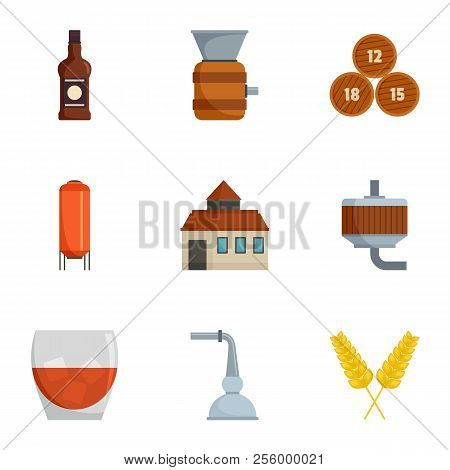 Alcohol Distillation Icons Set. Cartoon Set Of 9 Alcohol Distillation Icons For Web Isolated On Whit