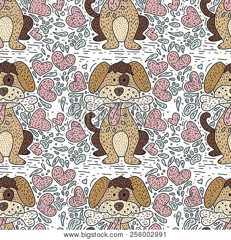 Happy Detailed Doodle Hand Drawn Dog With A Bone And Hearts Seamlesss Doodle Color Pattern For Kids.