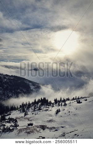 Sunbeams Passing Through Clouds, Winter Landscape, Elbe Valley, Freezing Weather