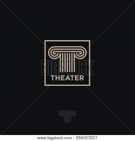 T Monograms. Theater Gold Logo. T Letter In The Form Of An Antique Column In A Frame.
