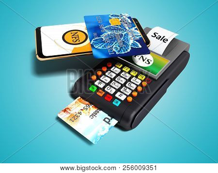 Nfs Payment Via Phone With Credit Card On Payment Card Pos Terminal With Credit Card Top View 3d Ren