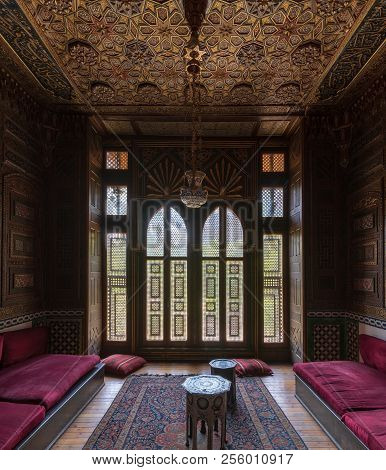 Cairo, Egypt - August 26 2018: Historic Manial Palace Of Prince Mohammed Ali. Small Room At Receptio