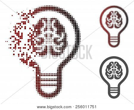 Brain Bulb Icon In Sparkle, Dotted Halftone And Undamaged Whole Versions. Pixels Are Composed Into V