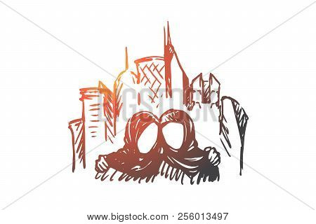 Megopolis, Muslims, Islam, Friends, Hijab Concept. Hand Drawn Muslim Friendly People Concept Sketch.