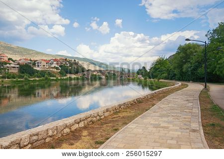 Beautiful Summer Landscape With Picturesque River And Old Stone Bridge. Bosnia And Herzegovina, View