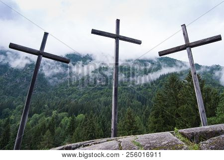 Crosses On The Top Of A Mountain Close To Saint Stephen Of Carisolo