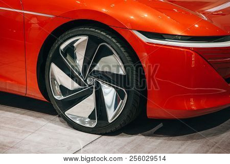 Berlin, August 29, 2018: Close-up Of A Wheel. The New Volkswagen I.d Vizzion Concept Sedan Electric 