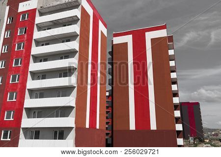 Colorful Apartment Buildings. Kazakhstan (ust-kamenogorsk). Apartment Building Brightly Painted. Bui