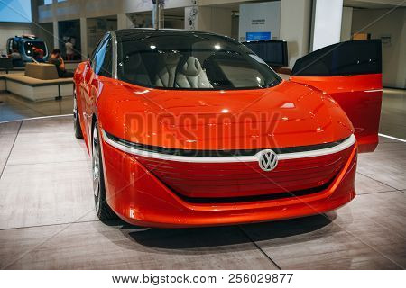 Berlin, August 29, 2018: The New Volkswagen I.d Vizzion Concept Sedan Electric Car Presented At The 