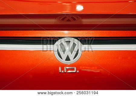 Berlin, August 29, 2018: A Close-up Of The Sign On The New Volkswagen I.d Vizzion Concept Sedan Elec