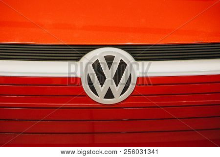 Berlin, August 29, 2018: A Close-up Of The Sign On The New Volkswagen I.d Vizzion Concept Sedan Elec