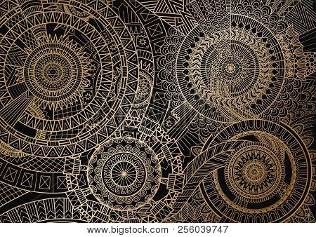 Mandala Movement In Golden Lines On Black Background. Vector Illustration